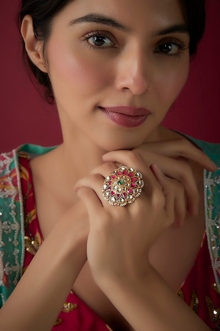 Gold finish Pink Kundan Polki Ring by Vivinia By Vidhi Mehra at Pernia's Pop Up Shop