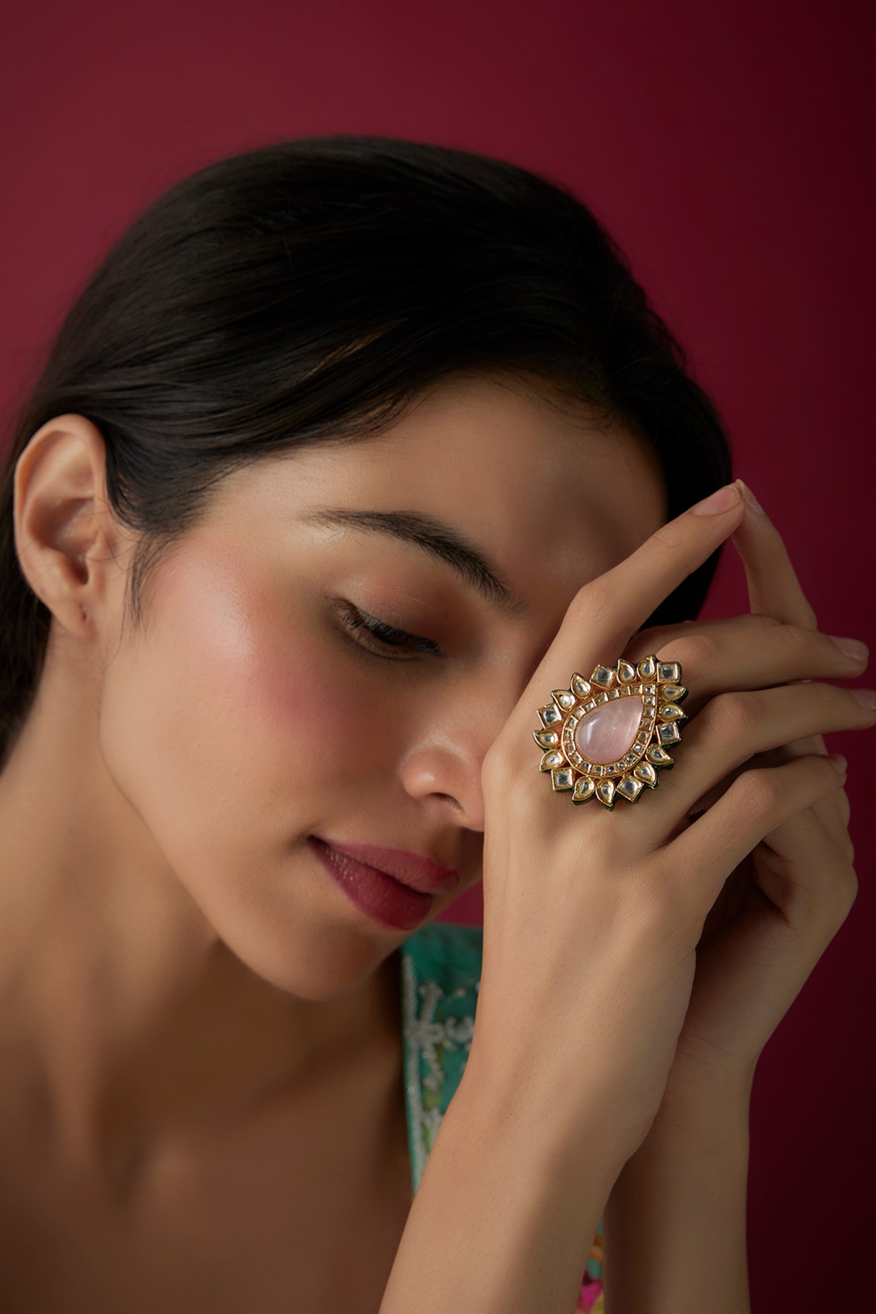 vivinia BY VIDHI MEHRA Saadgi Gold Plated Green Kundan, Polki Womens Ring (Freesize)