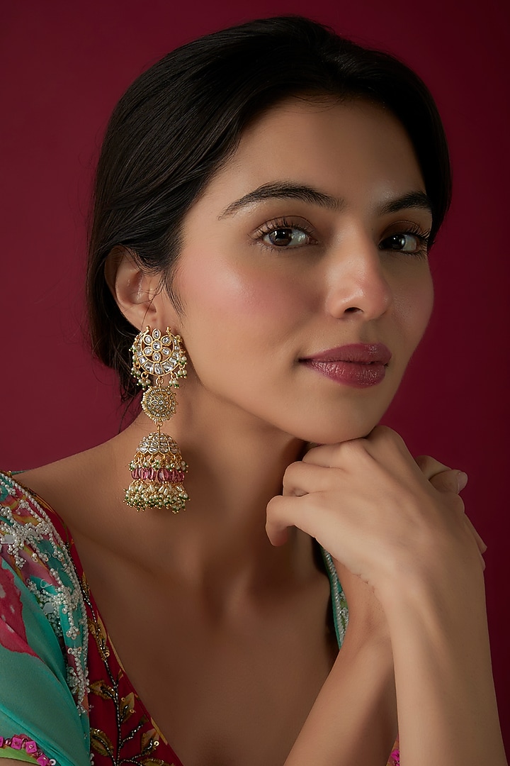 Gold Finish Kundan Polki & Beaded Jhumka Earrings by Vivinia By Vidhi Mehra at Pernia's Pop Up Shop
