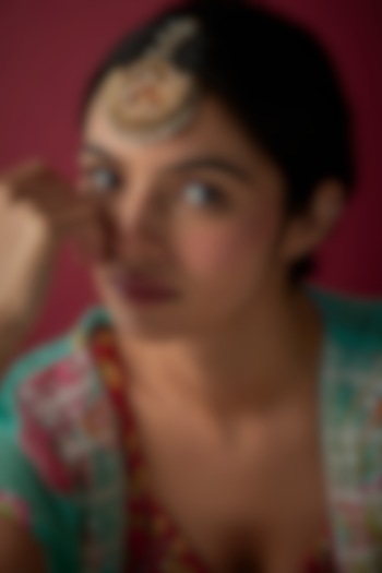 Gold Finish Kundan Polki & Pearl Enameled Maangtikka by Vivinia By Vidhi Mehra at Pernia's Pop Up Shop