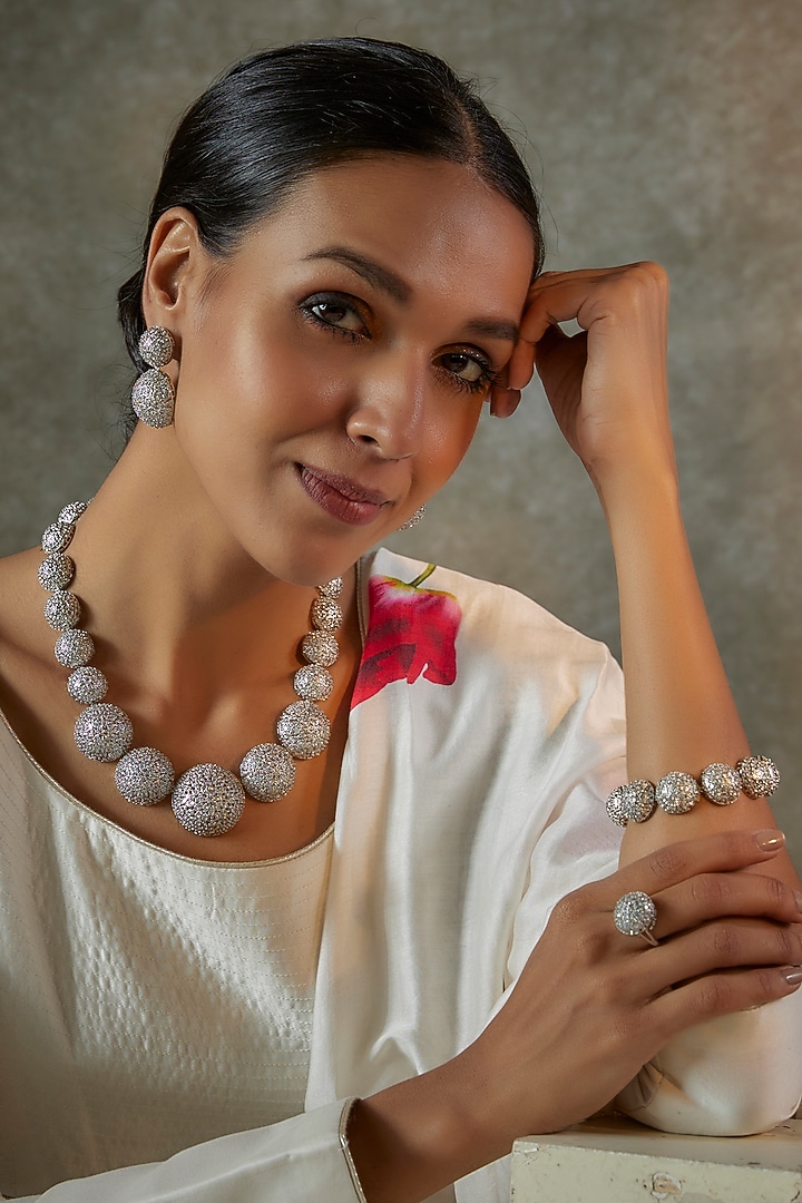White Finish Zircon Long Necklace Set by Vivinia By Vidhi Mehra at Pernia's Pop Up Shop