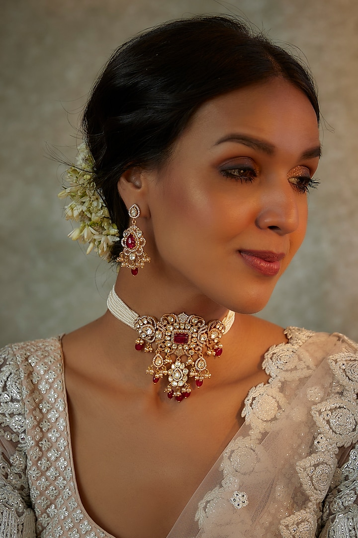 Gold Finish Red Kundan Polki Choker Necklace Set by Vivinia By Vidhi Mehra