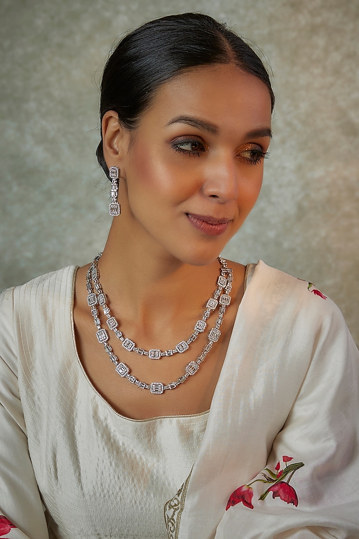 White Finish Zircon Long Necklace Set by Vivinia By Vidhi Mehra at Pernia's Pop Up Shop