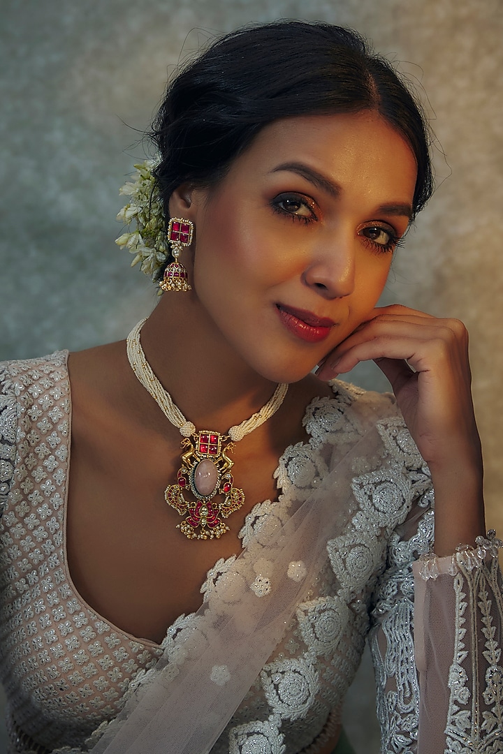 Gold Finish Red Kundan Polki Long Necklace Set by Vivinia By Vidhi Mehra at Pernia's Pop Up Shop