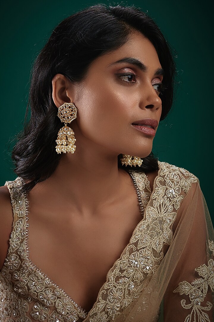 Gold Finish Kundan Polki & Pearl Jhumka Earrings by Vivinia By Vidhi Mehra at Pernia's Pop Up Shop