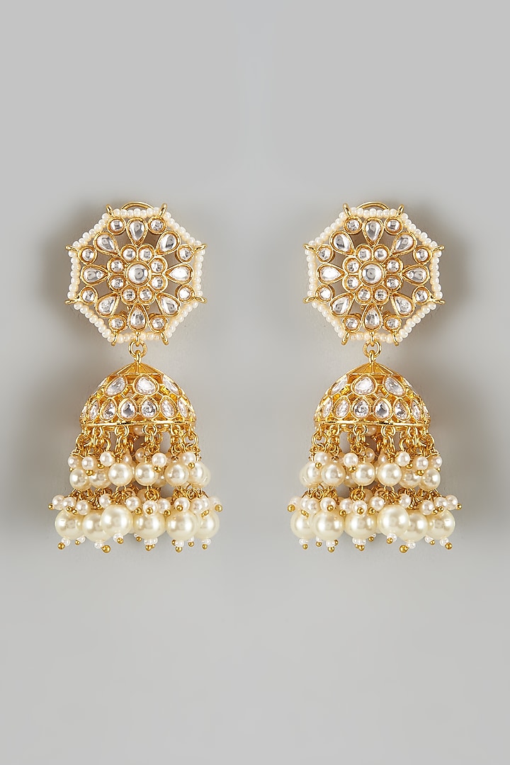 Gold Finish Kundan Polki & Pearl Jhumka Earrings by Vivinia By Vidhi Mehra at Pernia's Pop Up Shop