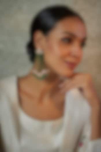 Gold Finish Kundan Polki & Green Beaded Dangler Earrings by Vivinia By Vidhi Mehra