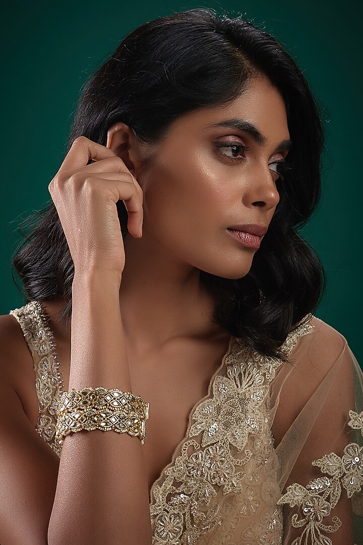 Gold Finish Kundan Polki & Beaded Meenakari Bangles (Set Of 2) by Vivinia By Vidhi Mehra at Pernia's Pop Up Shop