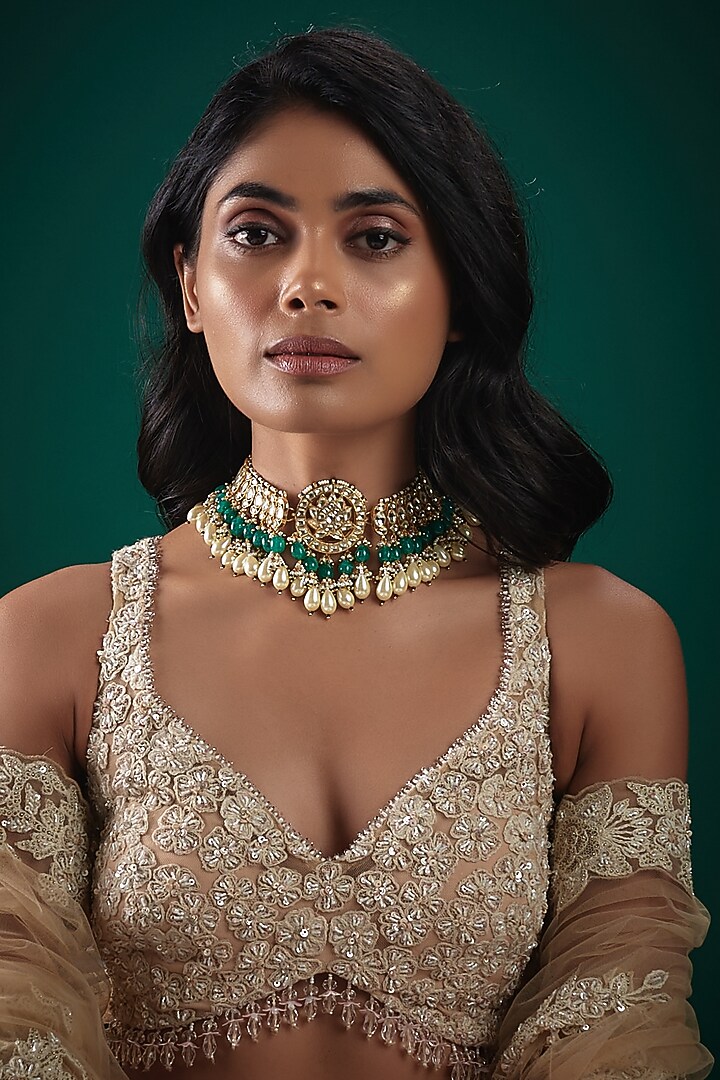 Gold Finish Kundan Polki & Beaded Choker Necklace by Vivinia By Vidhi Mehra at Pernia's Pop Up Shop