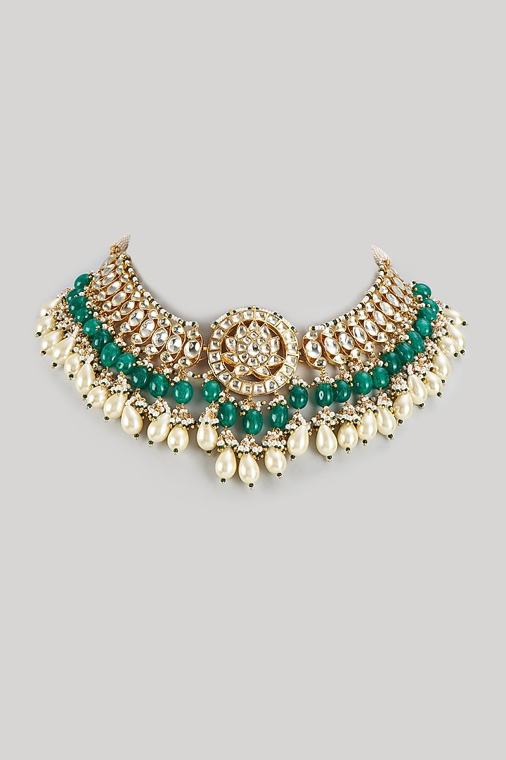 Gold Finish Kundan Polki & Beaded Choker Necklace by Vivinia By Vidhi Mehra at Pernia's Pop Up Shop
