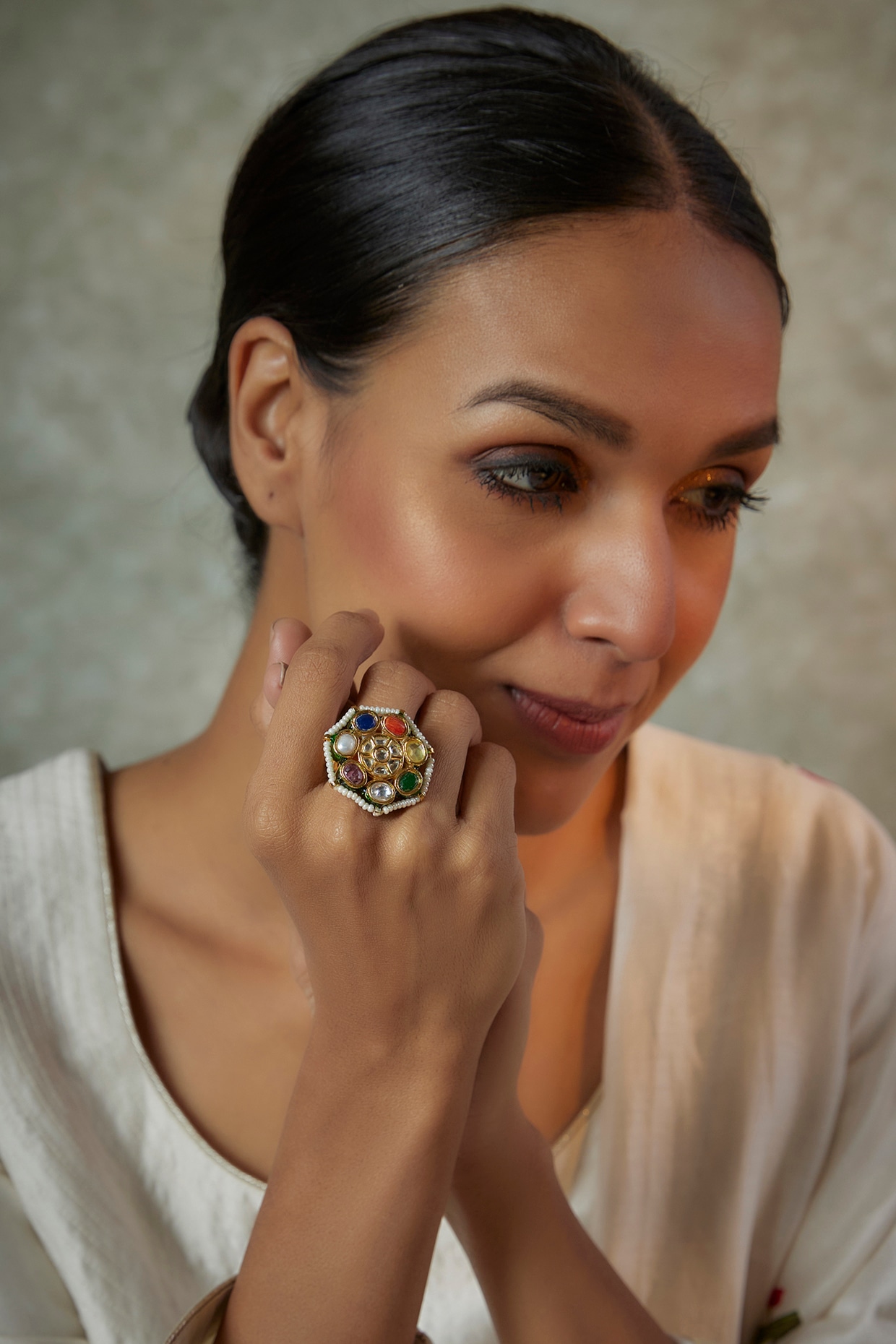 vivinia BY VIDHI MEHRA Saadgi Gold Plated Green Kundan, Polki Womens Ring (Freesize) main image 1
