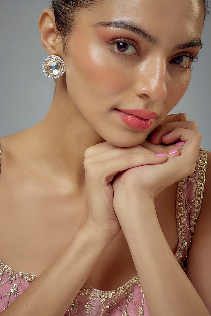 White Rhodium Finish Zircon & Pearl Stud Earrings by Vivinia By Vidhi Mehra at Pernia's Pop Up Shop