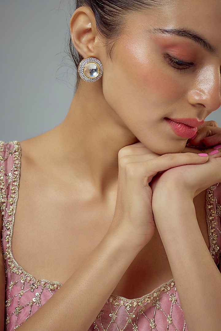 White Rhodium Finish Zircon & Pearl Stud Earrings by Vivinia By Vidhi Mehra at Pernia's Pop Up Shop