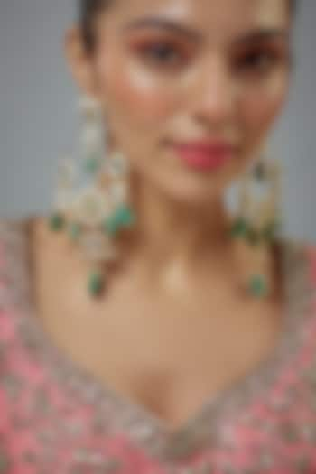 Gold Finish Green Kundan Polki & Pearl Jhumka Earrings by Vivinia By Vidhi Mehra at Pernia's Pop Up Shop