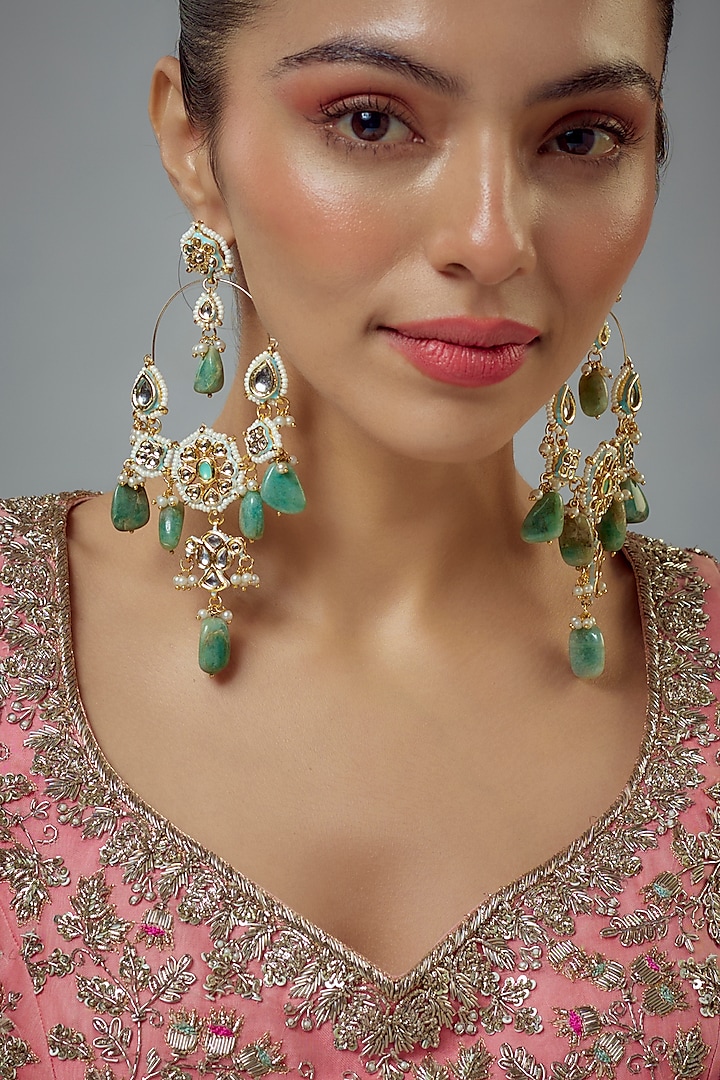 Gold Finish Green Kundan Polki & Pearl Jhumka Earrings by Vivinia By Vidhi Mehra at Pernia's Pop Up Shop