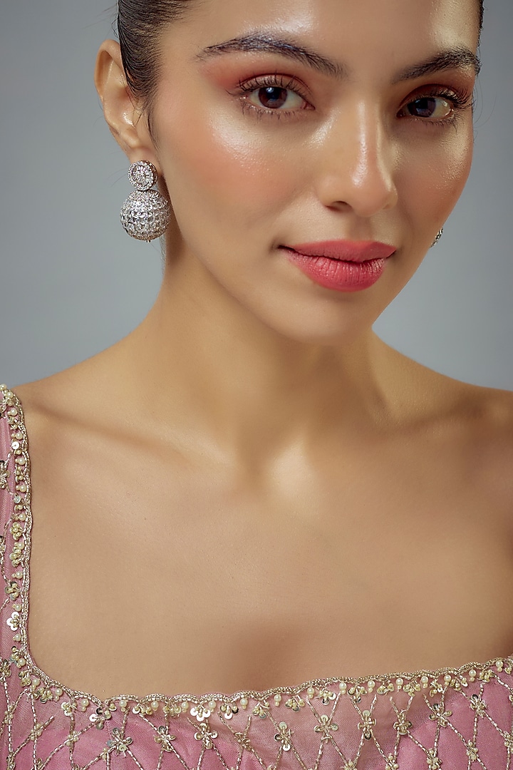 White Rhodium Finish Zircon Dangler Earrings by Vivinia By Vidhi Mehra at Pernia's Pop Up Shop