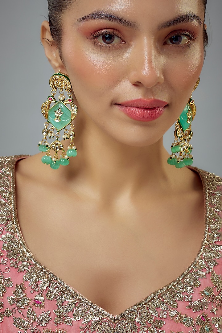 Gold Finish Kundan Polki & Pearl Jhumka Earrings by Vivinia By Vidhi Mehra at Pernia's Pop Up Shop