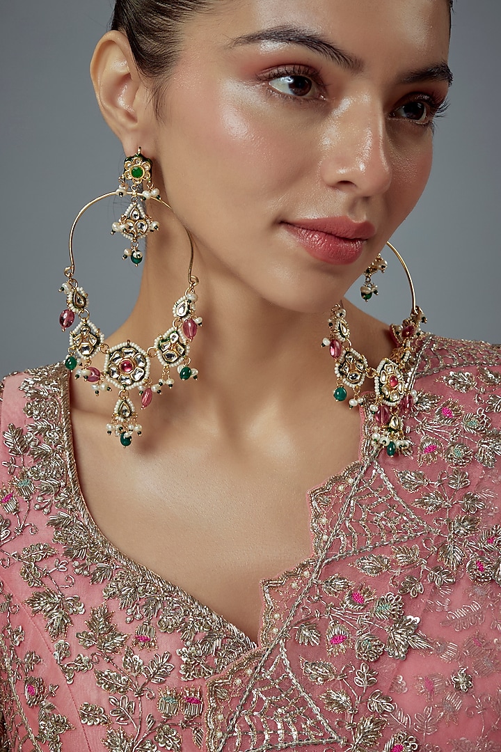 Gold Finish Kundan Polki & Pearl Dangler Earrings by Vivinia By Vidhi Mehra at Pernia's Pop Up Shop