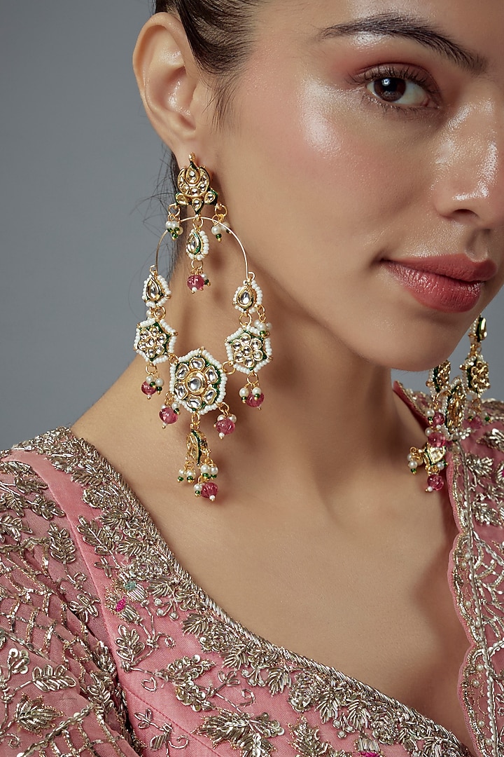 Gold Finish Kundan Polki & Pearl Dangler Earrings by Vivinia By Vidhi Mehra at Pernia's Pop Up Shop