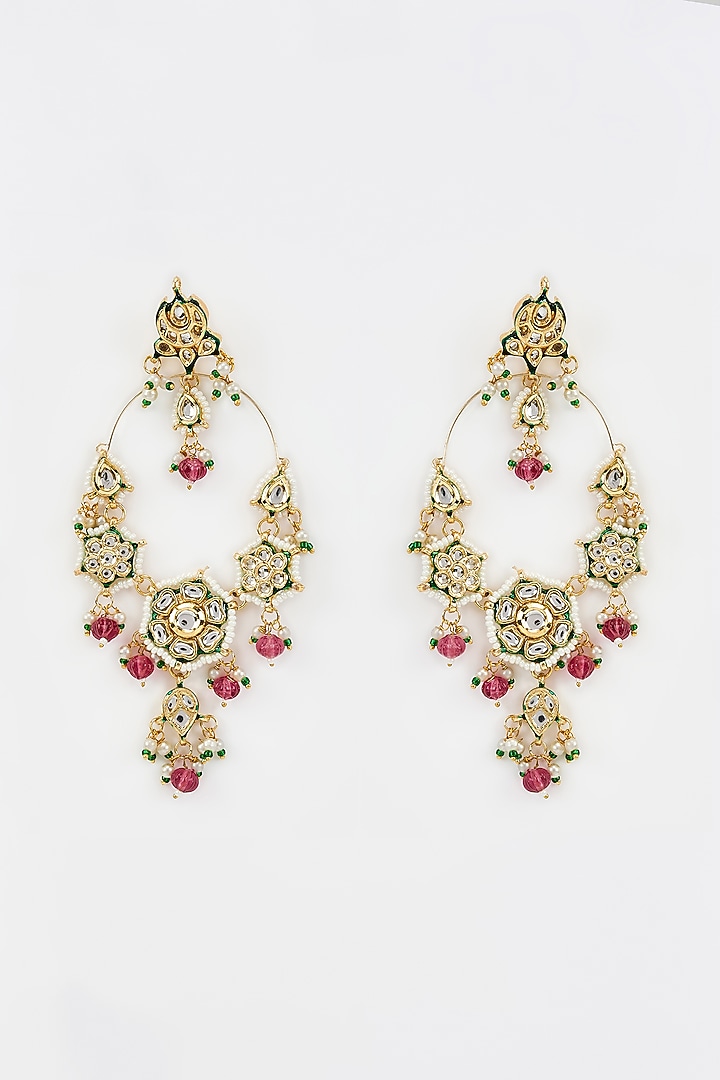 Gold Finish Kundan Polki & Pearl Dangler Earrings by Vivinia By Vidhi Mehra at Pernia's Pop Up Shop