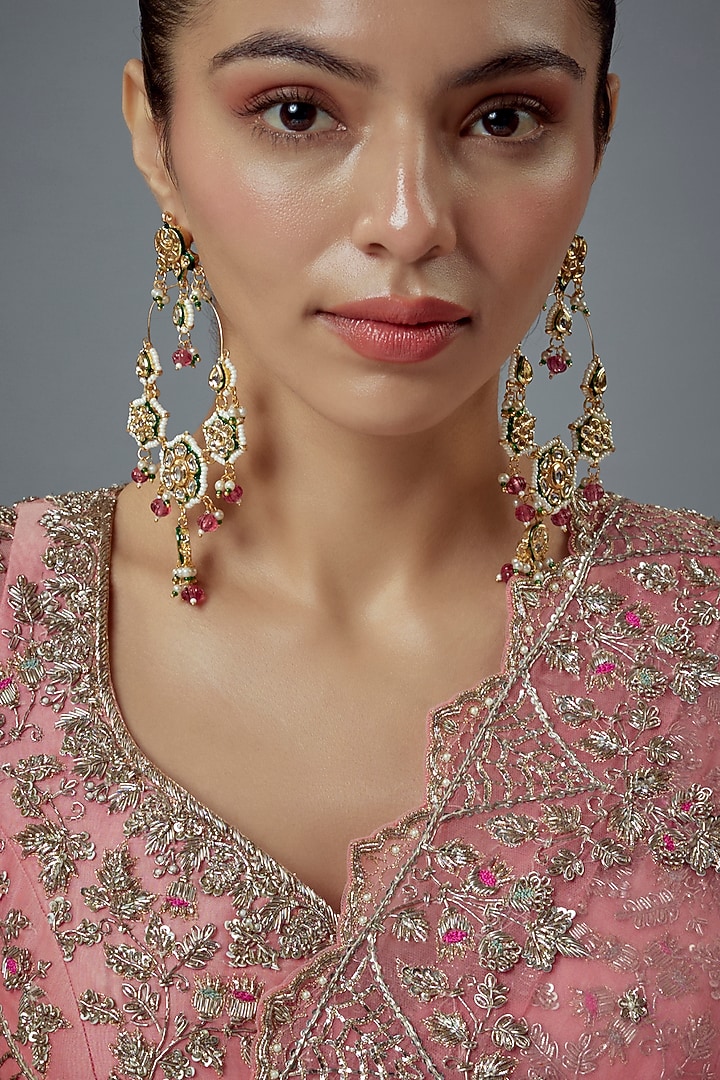 Gold Finish Kundan Polki & Pearl Dangler Earrings by Vivinia By Vidhi Mehra at Pernia's Pop Up Shop