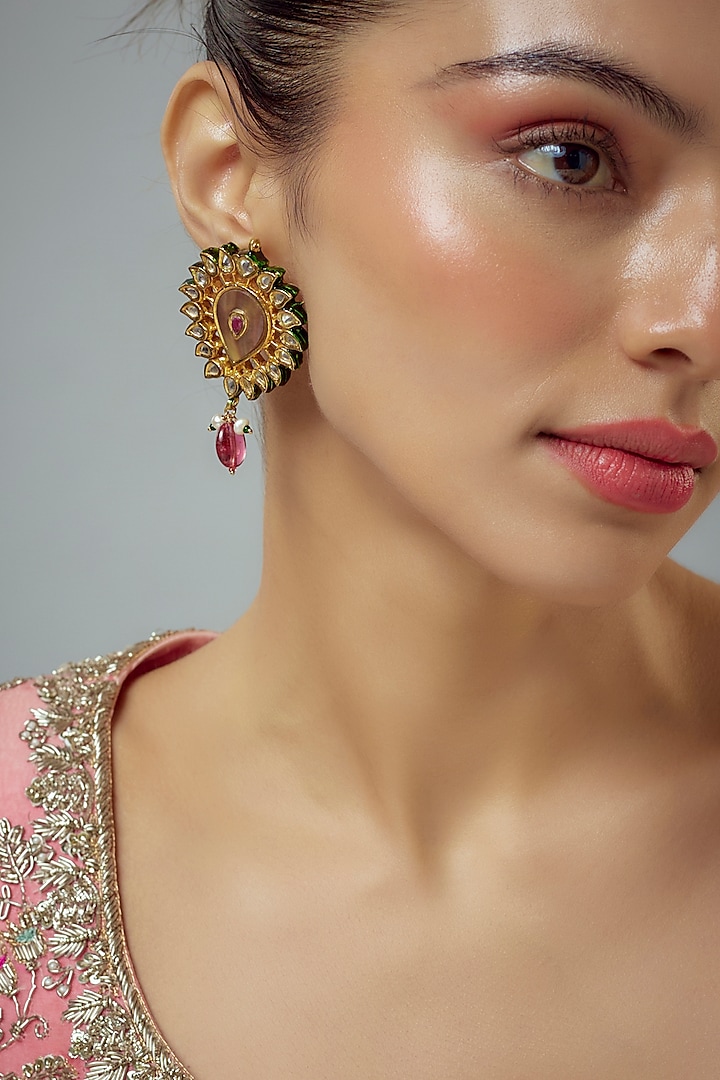 Gold Finish Kundan Polki & Pearl Dangler Earrings by Vivinia By Vidhi Mehra at Pernia's Pop Up Shop