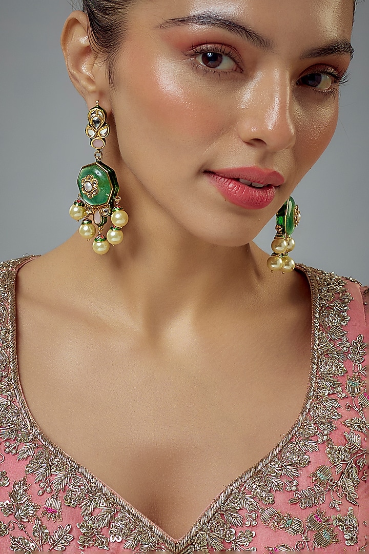 Gold Finish Kundan Polki & Pearl Dangler Earrings by Vivinia By Vidhi Mehra at Pernia's Pop Up Shop