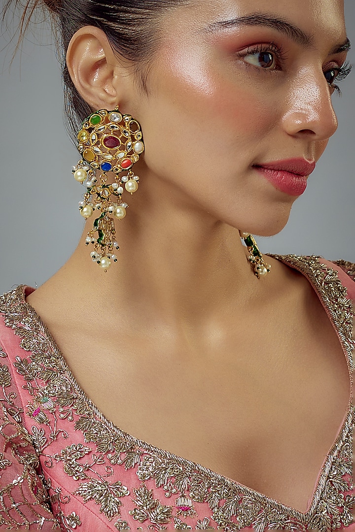 Gold Finish Kundan Polki & Pearl Dangler Earrings by Vivinia By Vidhi Mehra at Pernia's Pop Up Shop