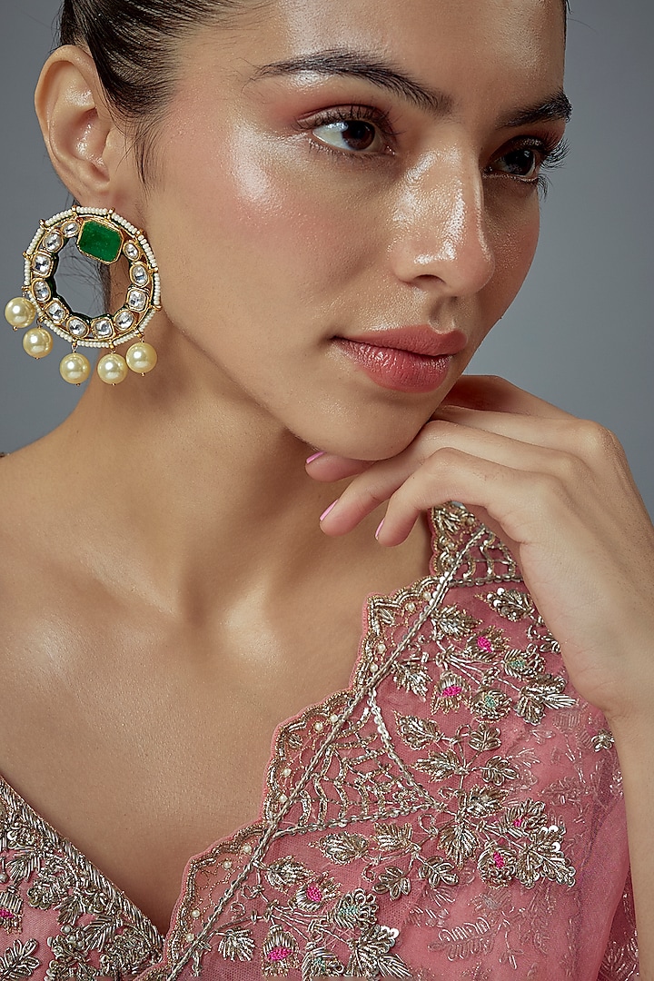 Gold Finish Kundan Polki & Pearl Dangler Earrings by Vivinia By Vidhi Mehra at Pernia's Pop Up Shop