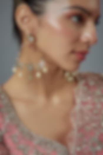 Gold Finish Kundan Polki & Pearl Dangler Earrings by Vivinia By Vidhi Mehra at Pernia's Pop Up Shop