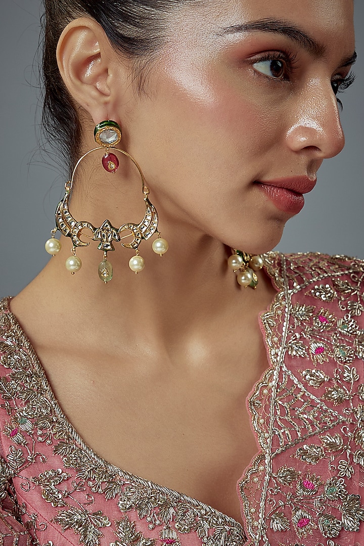 Gold Finish Kundan Polki & Pearl Dangler Earrings by Vivinia By Vidhi Mehra at Pernia's Pop Up Shop