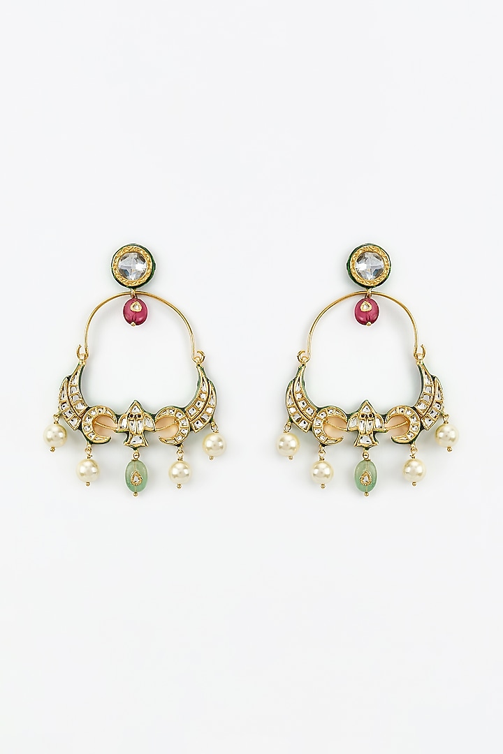 Gold Finish Kundan Polki & Pearl Dangler Earrings by Vivinia By Vidhi Mehra at Pernia's Pop Up Shop