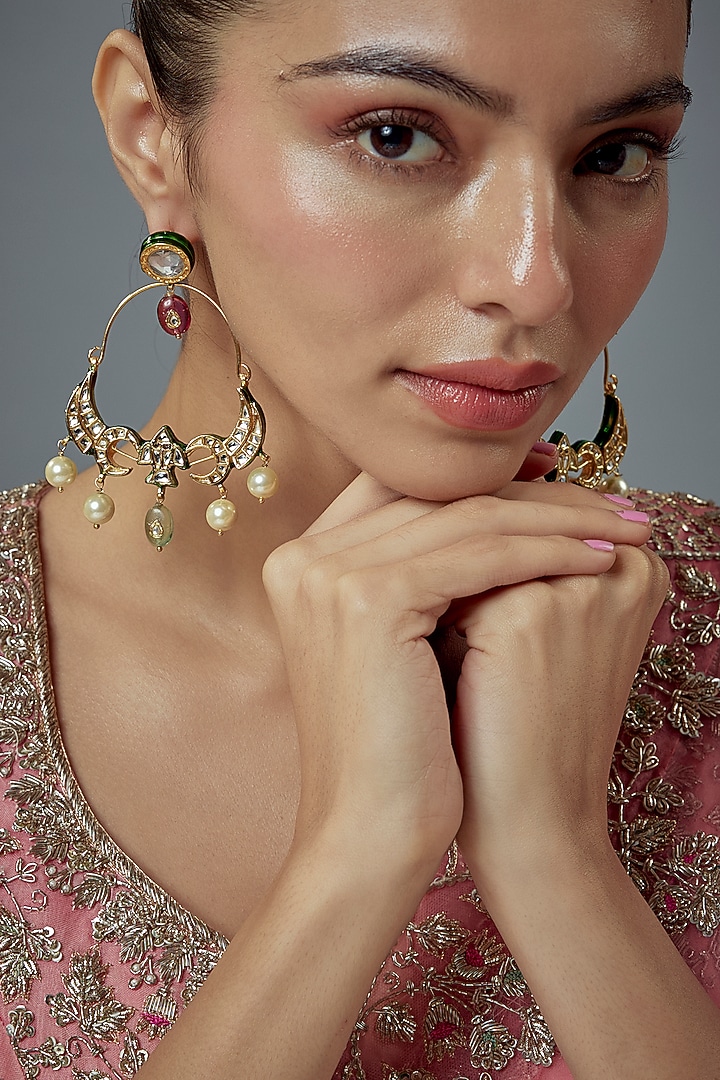 Gold Finish Kundan Polki & Pearl Dangler Earrings by Vivinia By Vidhi Mehra at Pernia's Pop Up Shop