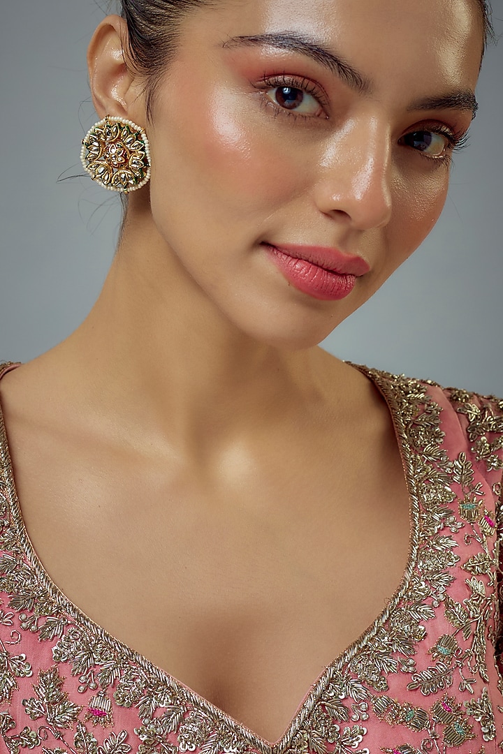 Gold Finish Kundan Polki Stud Earrings by Vivinia By Vidhi Mehra at Pernia's Pop Up Shop