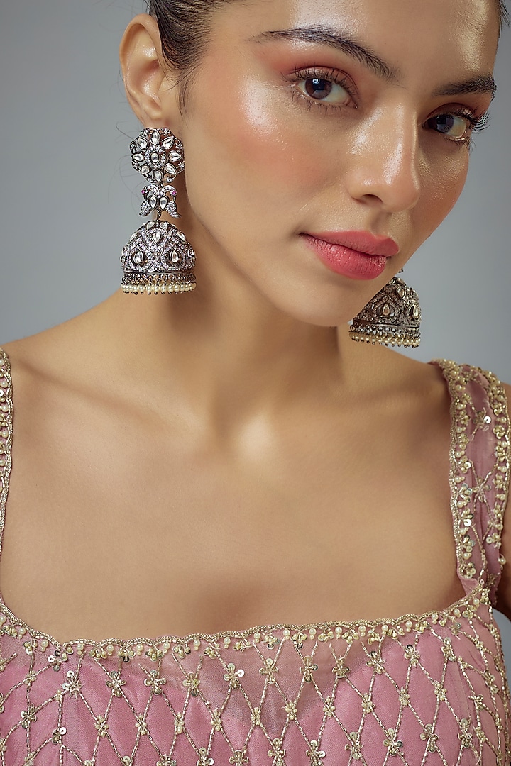 White Rhodium Finish Floral Motif & Zircon Drop Earrings by Vivinia By Vidhi Mehra at Pernia's Pop Up Shop