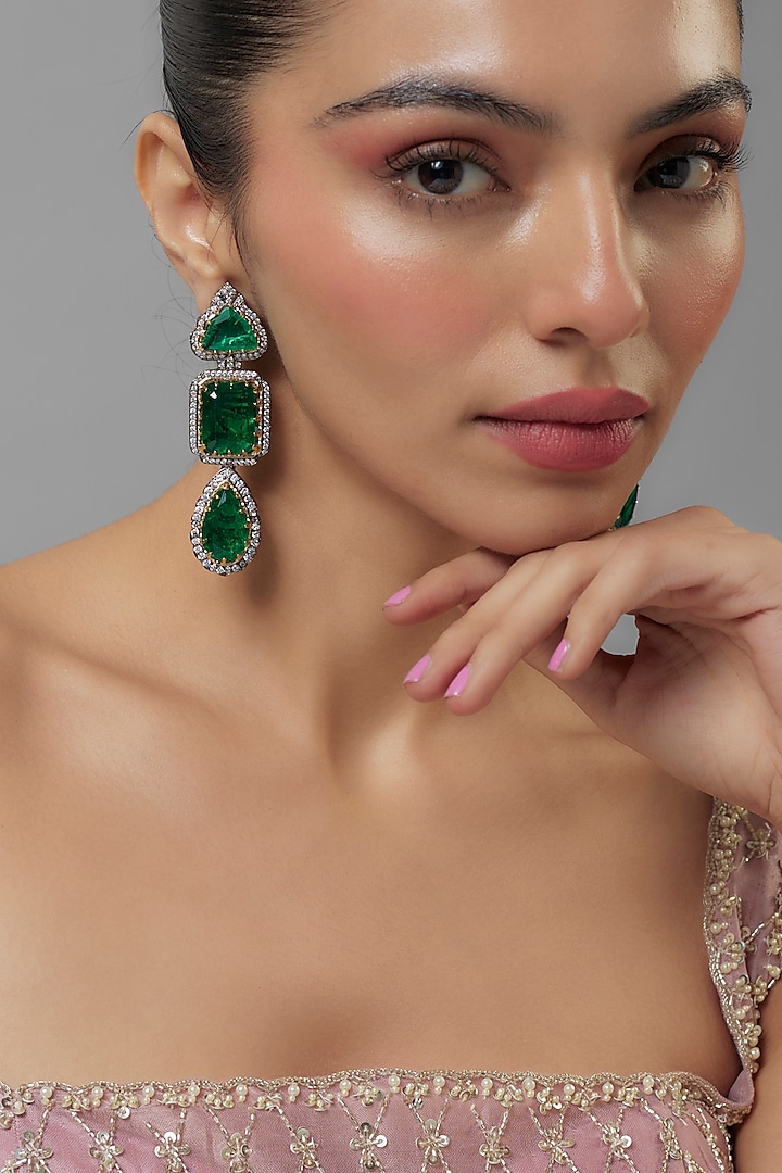 White Rhodium Finish Zircon Dangler Earrings by Vivinia By Vidhi Mehra at Pernia's Pop Up Shop