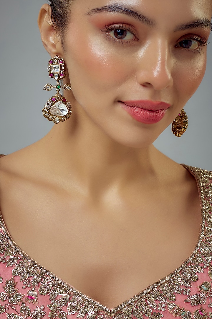 White Finish Zircon & Red Stone Dangler Earrings by Vivinia By Vidhi Mehra at Pernia's Pop Up Shop