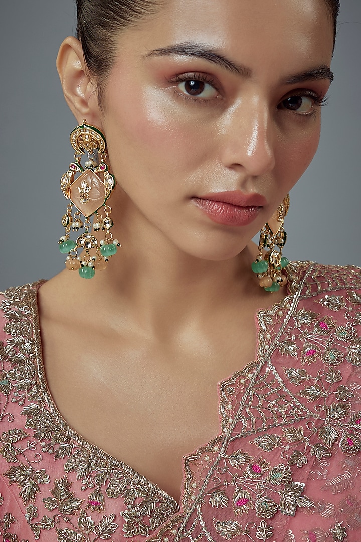 Gold Finish Kundan Polki & Pearl Dangler Earrings by Vivinia By Vidhi Mehra at Pernia's Pop Up Shop