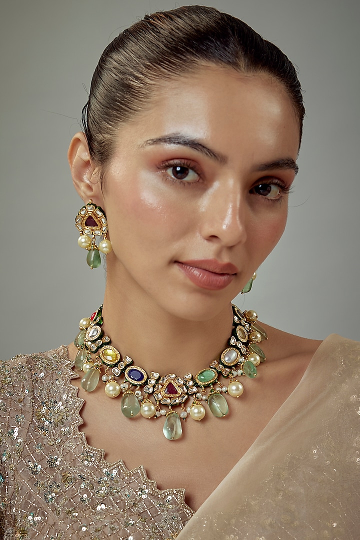 Gold Finish Kundan Polki & Multi-Colored Stone Beaded Choker Necklace Set by Vivinia By Vidhi Mehra at Pernia's Pop Up Shop