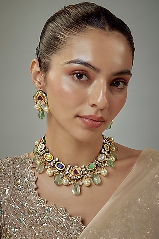 Gold Finish Kundan Polki & Multi-Colored Stone Beaded Choker Necklace Set by Vivinia By Vidhi Mehra
