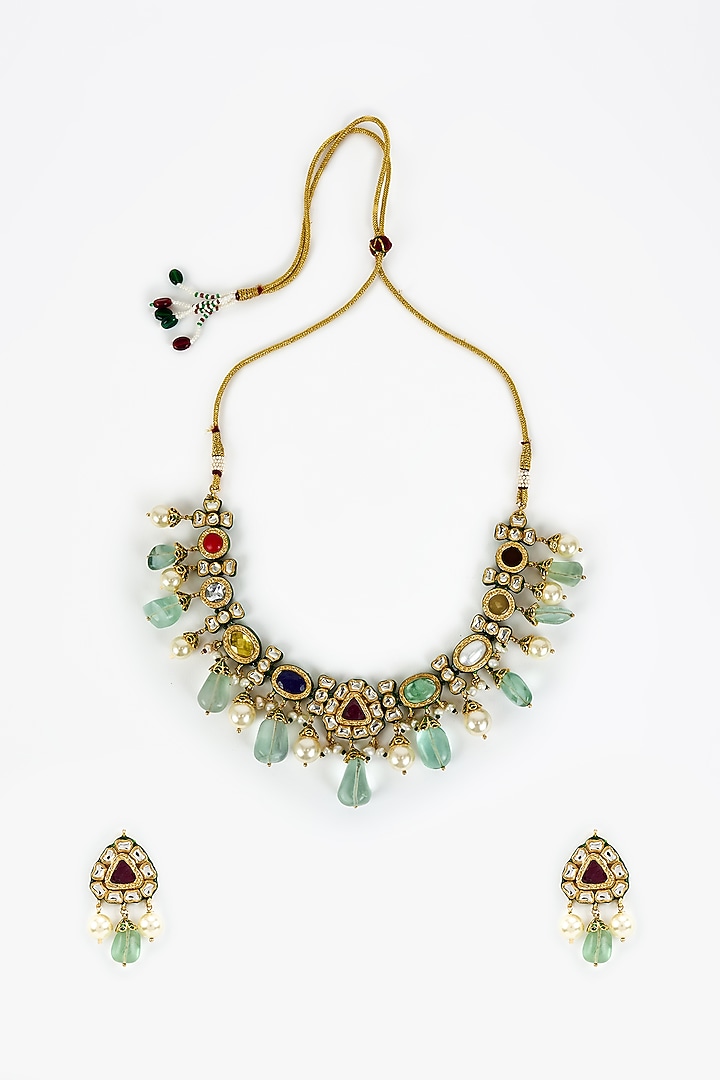 Gold Finish Kundan Polki & Multi-Colored Stone Beaded Choker Necklace Set by Vivinia By Vidhi Mehra at Pernia's Pop Up Shop