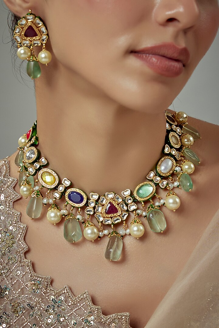 Gold Finish Kundan Polki & Multi-Colored Stone Beaded Choker Necklace Set by Vivinia By Vidhi Mehra at Pernia's Pop Up Shop