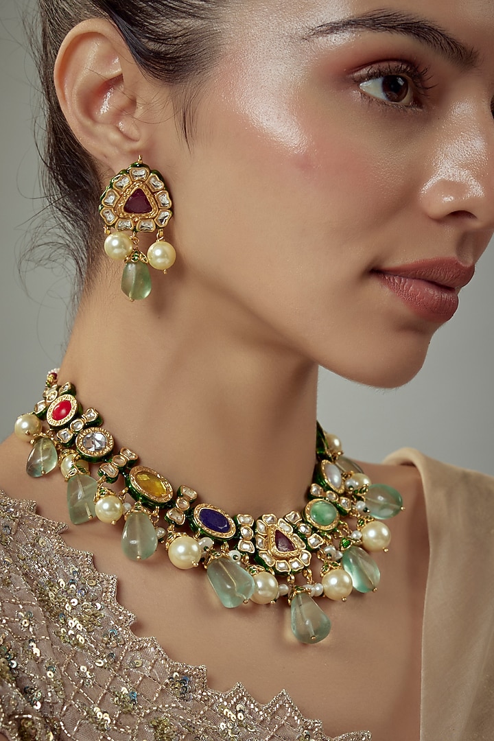 Gold Finish Kundan Polki & Multi-Colored Stone Beaded Choker Necklace Set by Vivinia By Vidhi Mehra at Pernia's Pop Up Shop
