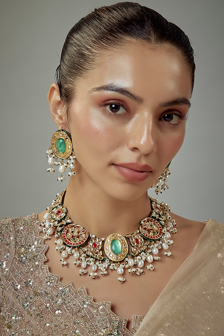 Gold Finish Kundan Polki & Multi-Colored Stone Beaded Choker Necklace Set by Vivinia By Vidhi Mehra at Pernia's Pop Up Shop