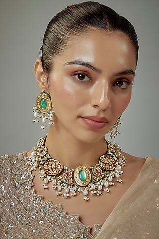 Gold Finish Kundan Polki & Multi-Colored Stone Beaded Choker Necklace Set by Vivinia By Vidhi Mehra