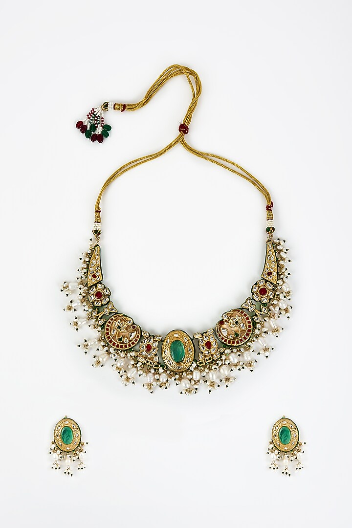 Gold Finish Kundan Polki & Multi-Colored Stone Beaded Choker Necklace Set by Vivinia By Vidhi Mehra at Pernia's Pop Up Shop