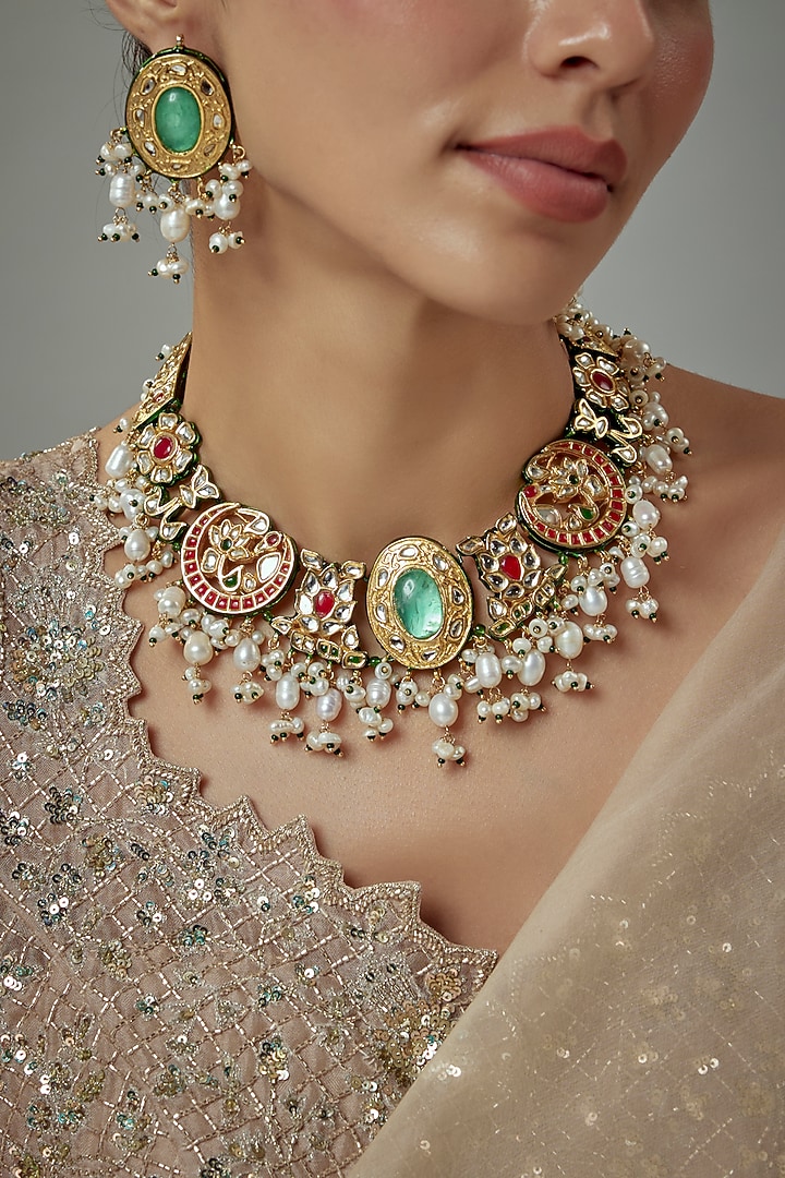 Gold Finish Kundan Polki & Multi-Colored Stone Beaded Choker Necklace Set by Vivinia By Vidhi Mehra at Pernia's Pop Up Shop