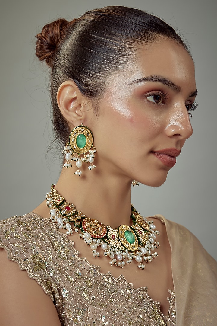 Gold Finish Kundan Polki & Multi-Colored Stone Beaded Choker Necklace Set by Vivinia By Vidhi Mehra at Pernia's Pop Up Shop
