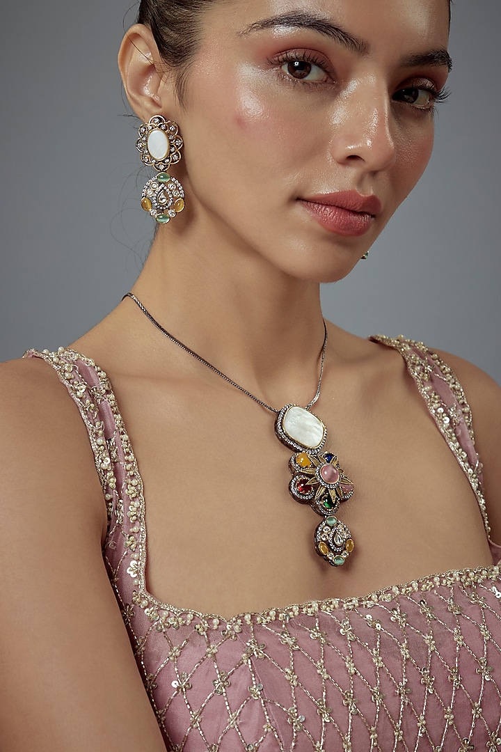 Gold Finish White Kundan Polki & Synthetic Stone Long Necklace Set by Vivinia By Vidhi Mehra at Pernia's Pop Up Shop