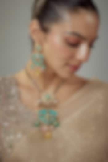 Gold Finish Kundan Polki Long Necklace Set by Vivinia By Vidhi Mehra at Pernia's Pop Up Shop